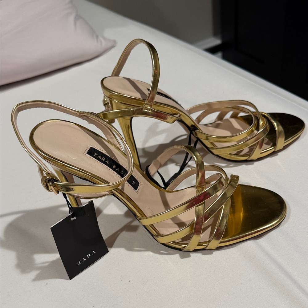 Zara Metallic Gold Strappy Heel Sandals